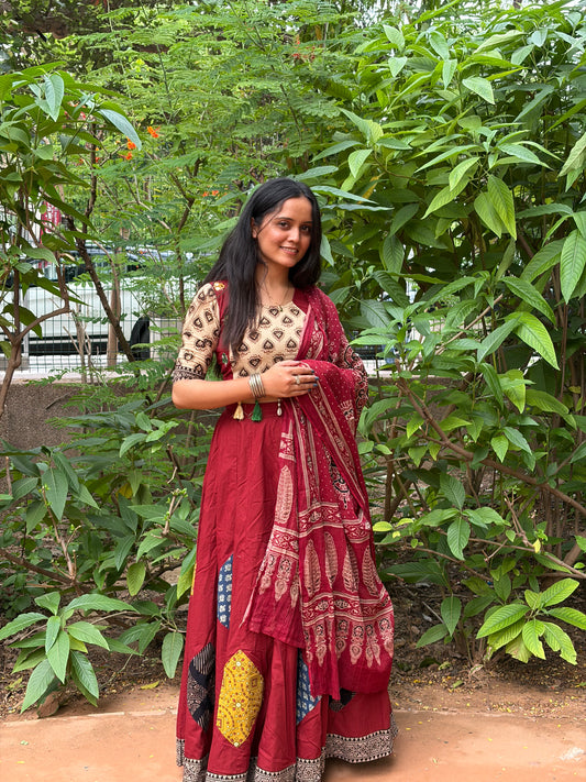 Maroon Hand Block Print Lehenga Choli Set with Tassel Hem