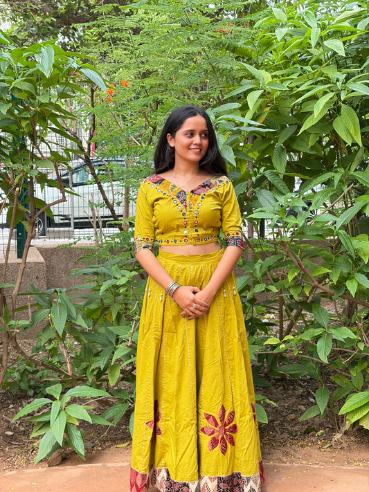 Olive Yellow Cotton Chaniya Choli Set with Mirror Work & Cowrie Shells