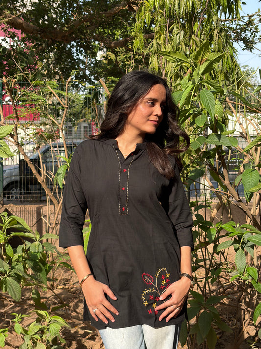 Urban Essential Short Top | Breathable Cotton Everyday Ethnic Embroidred | Black