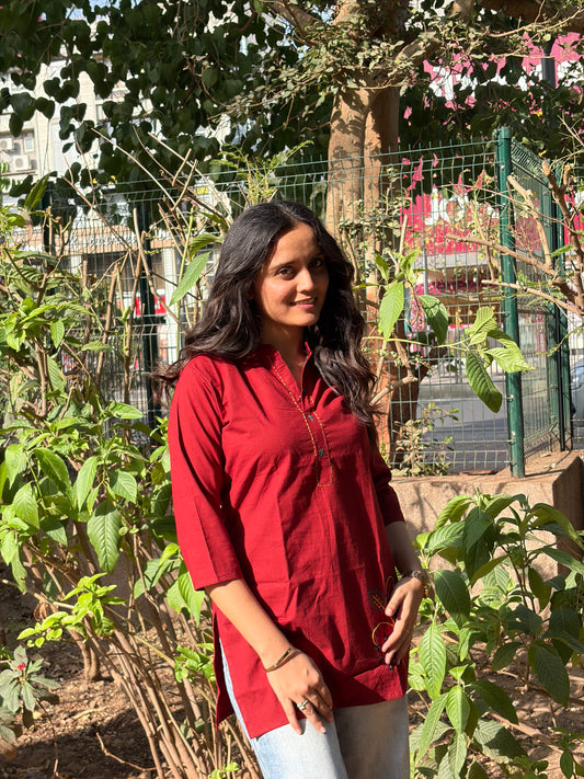 Urban Essential Short Top | Breathable Cotton Everyday Ethnic Embroidred | Maroon Red