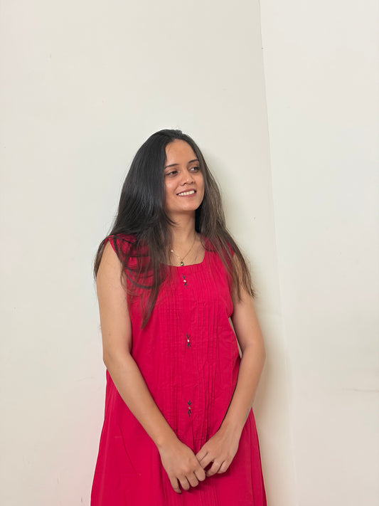 Urban Essential Sleeveless Kurti | Breathable Cotton Pin-Tuck Ethnic Motif | Rani Pink