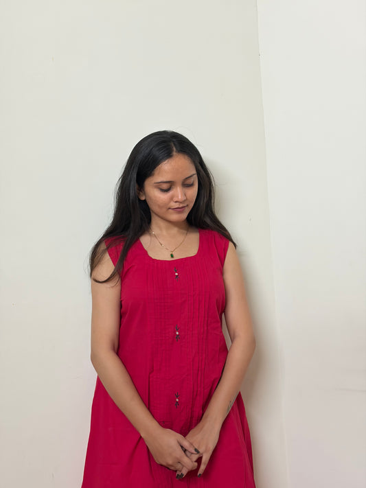 Urban Essential Sleeveless Kurti | Breathable Cotton Pin-Tuck Ethnic Motif | Rani Pink