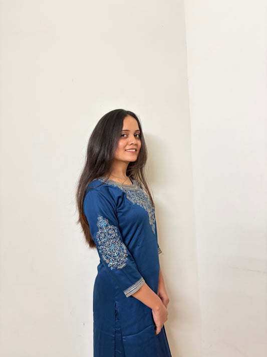 Urban Essential Two-Piece Set | Premium Cotton Ethnic Embroidered | Ink Blue