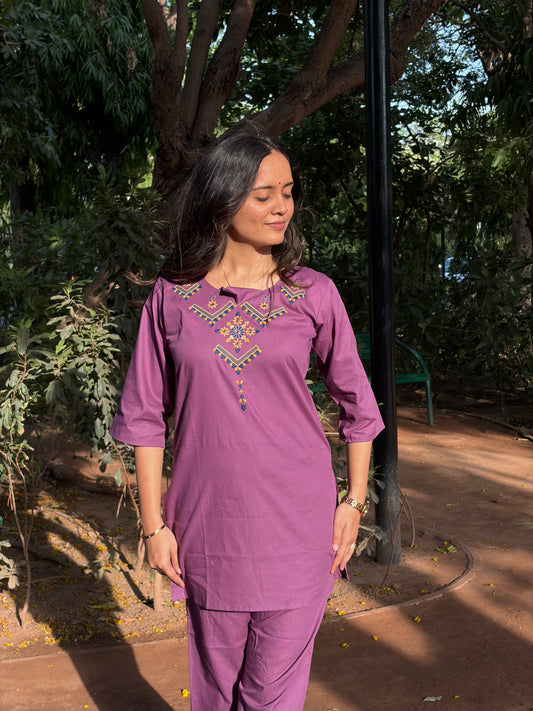 Urban Essential Two-Piece Set | Breathable Cotton Co-ord Ethnic Embroidred | Muave