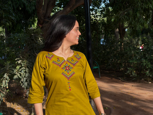 Urban Essential Two-Piece Set | Breathable Cotton Co-ord Ethnic Embroidred | Mustard