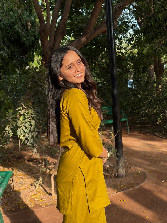 Urban Essential Two-Piece Set | Breathable Cotton Co-ord Ethnic Embroidred | Mustard