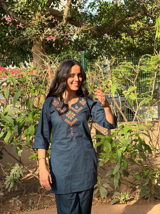 Urban Essential Two-Piece Set | Breathable Cotton Co-ord Ethnic Embroidred | Blue