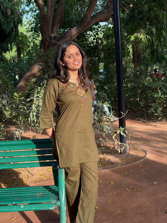 Urban Essential Two-Piece Set | Breathable Cotton Co-ord Ethnic Embroidred | Olive