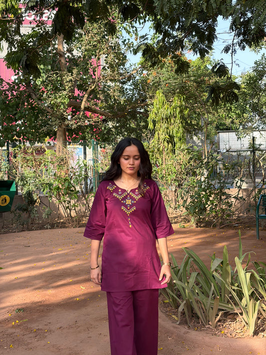 Urban Essential Two-Piece Set | Breathable Cotton Co-ord Ethnic Embroidred | Plum