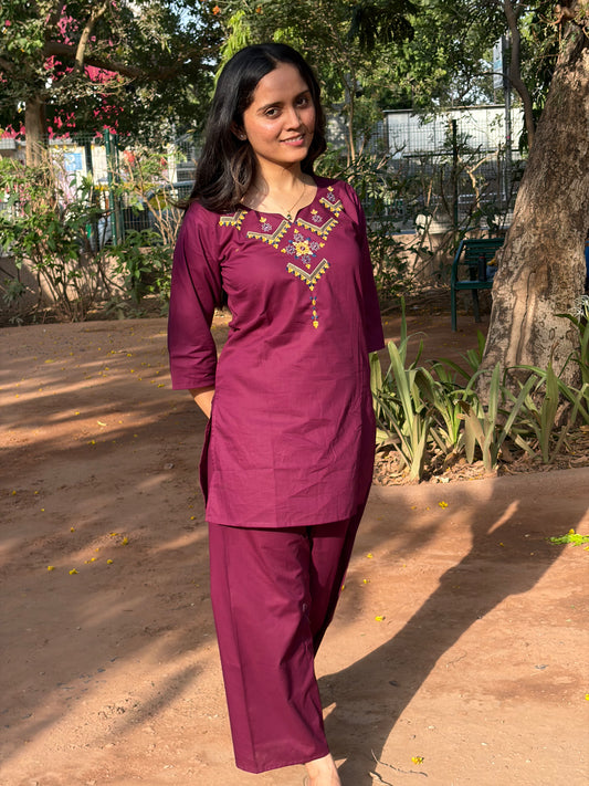 Urban Essential Two-Piece Set | Breathable Cotton Co-ord Ethnic Embroidred | Plum