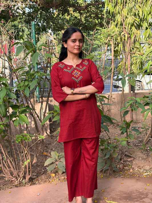 Urban Essential Two-Piece Set | Breathable Cotton Co-ord Ethnic Embroidred | Red