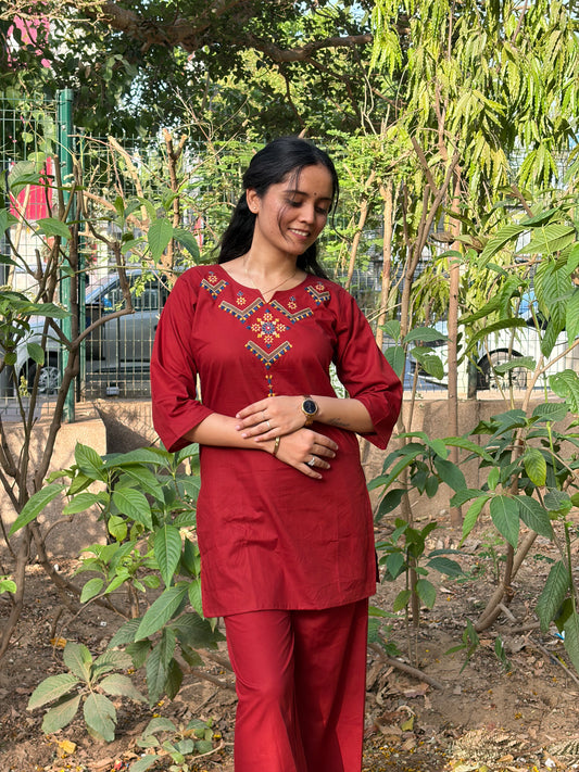 Urban Essential Two-Piece Set | Breathable Cotton Co-ord Ethnic Embroidred | Red