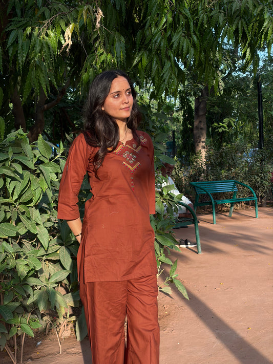 Urban Essential Two-Piece Set | Breathable Cotton Co-ord Ethnic Embroidred | Rust