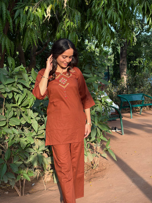 Urban Essential Two-Piece Set | Breathable Cotton Co-ord Ethnic Embroidred | Rust