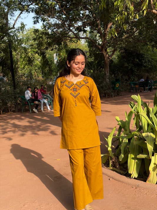 Urban Essential Two-Piece Set | Breathable Cotton Co-ord Ethnic Embroidred | Yellow