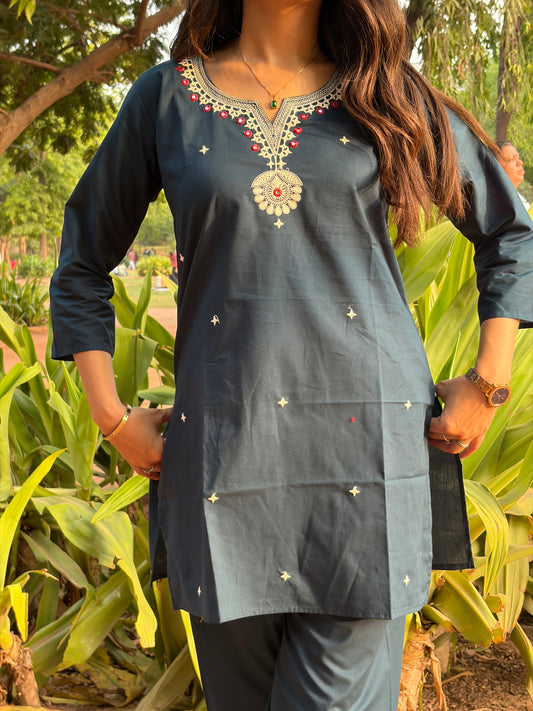Urban Essential Two-Piece Set | Breathable Cotton Co-ord Embroidred | Blue