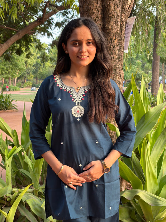 Urban Essential Two-Piece Set | Breathable Cotton Co-ord Embroidred | Blue