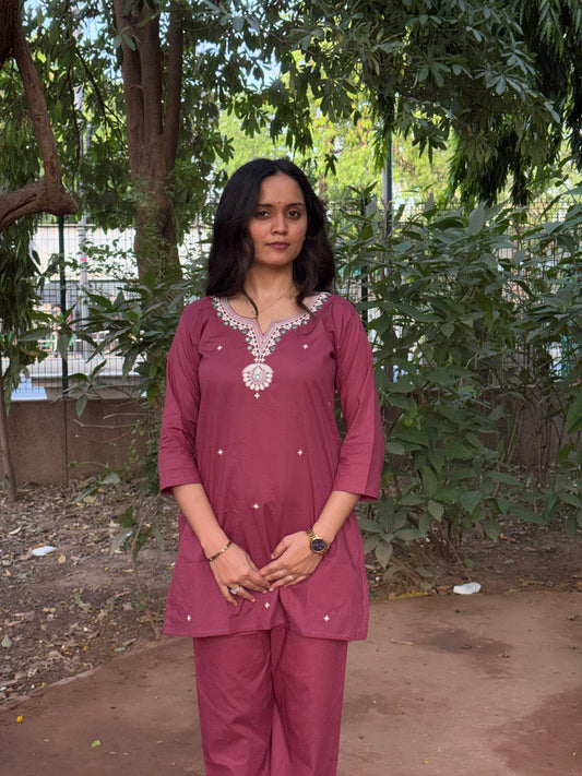 Urban Essential Two-Piece Set | Breathable Cotton Co-ord Embroidred | Plum