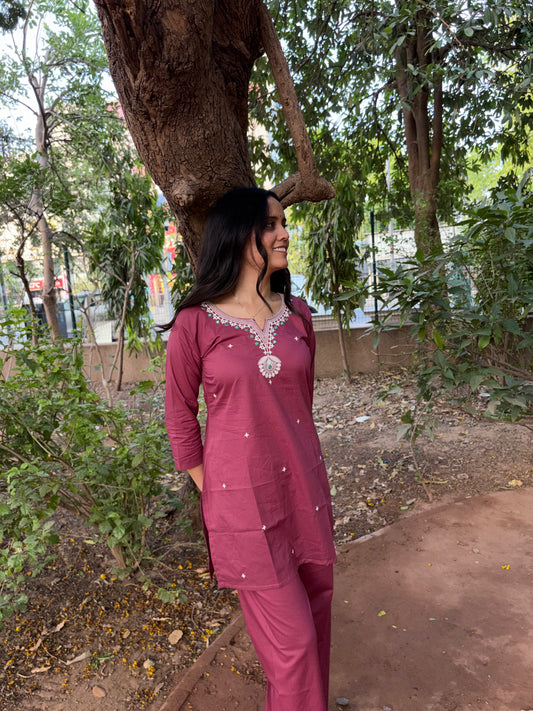 Urban Essential Two-Piece Set | Breathable Cotton Co-ord Embroidred | Plum