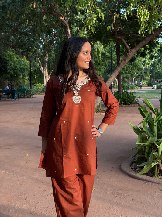 Urban Essential Two-Piece Set | Breathable Cotton Co-ord Embroidred | Rust