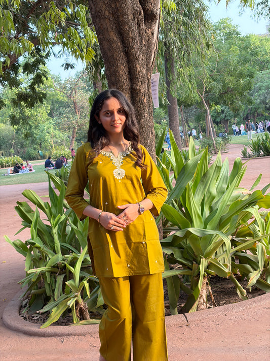 Urban Essential Two-Piece Set | Breathable Cotton Co-ord Embroidred | Yellow