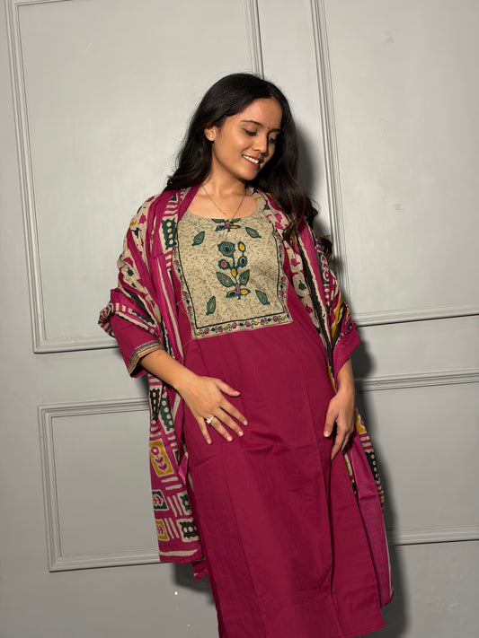 Urban Collective Three-Piece Set | Premium Breathable Ethnic Style Cotton Co-ord | Rani Pink