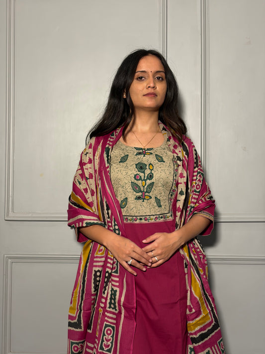 Urban Collective Three-Piece Set | Premium Breathable Ethnic Style Cotton Co-ord | Rani Pink