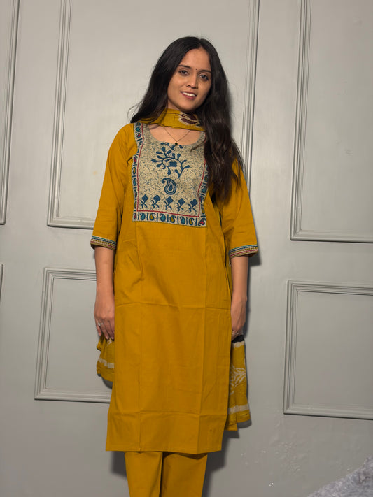 Urban Collective Three-Piece Set | Premium Breathable Ethnic Style Cotton Co-ord | Mustard