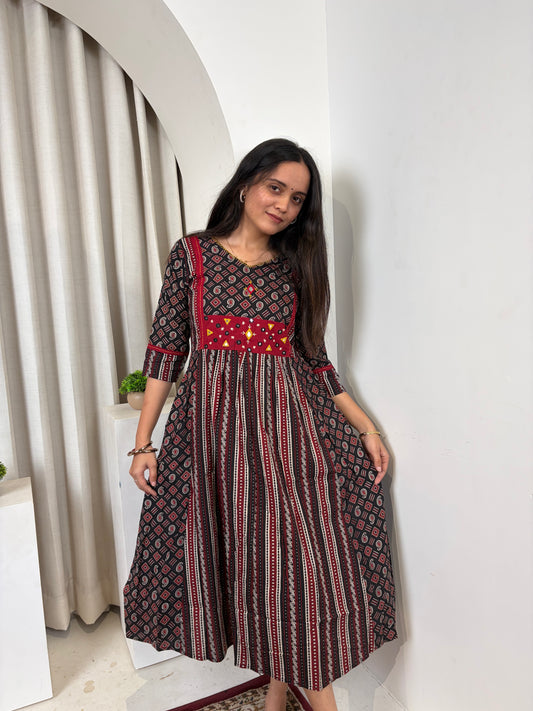 Urban Heritage A-Line Cotton Kurti | Ethnic Printed Embroidered Yoke | Maroon Black
