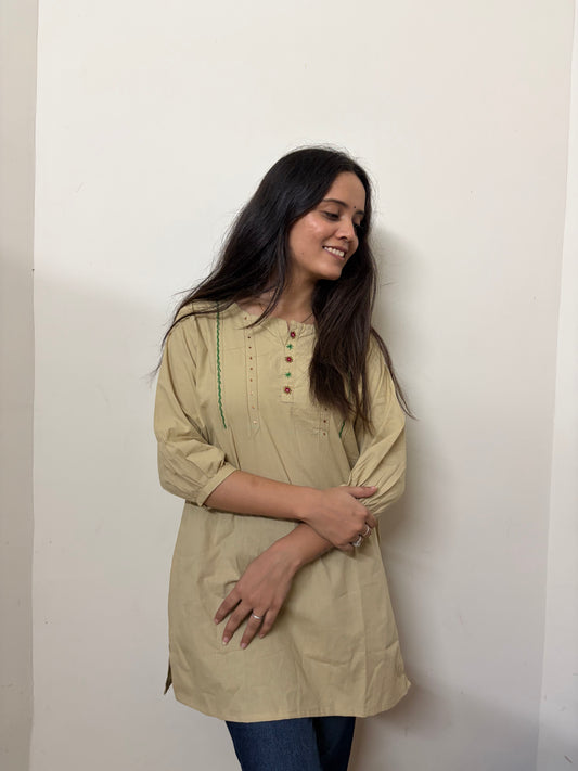 Urban Essential Short Top | Breathable Cotton Everyday Ethnic Embroidred | Cream