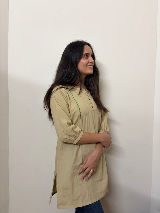 Urban Essential Short Top | Breathable Cotton Everyday Ethnic Embroidred | Cream