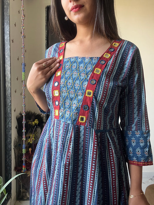 Reflective Heritage Kurti | Short Tops Breathable Cotton | Blue