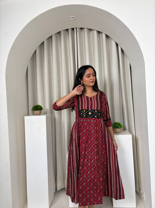 Urban Heritage A-Line Cotton Kurti | Ethnic Printed Embroidered Yoke | Maroon