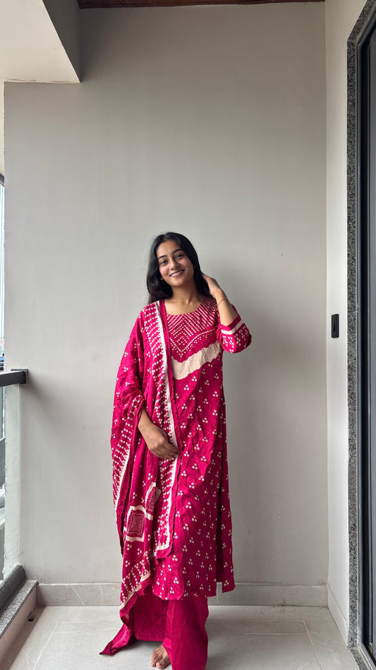 Gazi Silk Three-Piece Set | Premium Breathable Bandhani Ethnic Style Co-ord | PINK