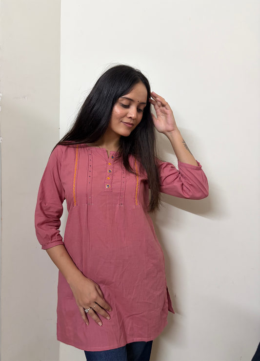 Urban Essential Short Top | Breathable Cotton Everyday Ethnic Embroidred | Gajar Pink