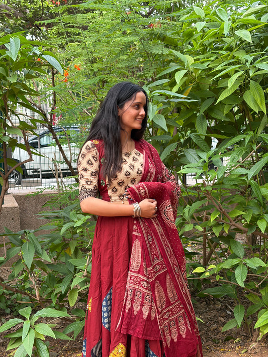 Maroon Hand Block Print Lehenga Choli Set with Tassel Hem
