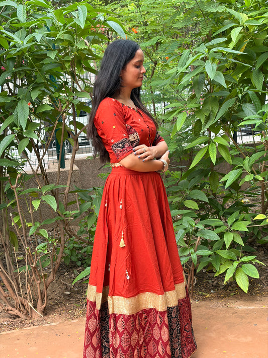 Rust Cotton Printed Lehenga Choli Set with Shell & Tassel Details