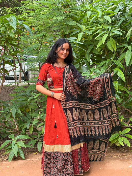 Rust Cotton Printed Lehenga Choli Set with Shell & Tassel Details