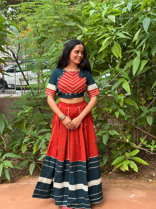 Dual-Tone Bottle Green & Rust Red Printed Cotton Lehenga Choli