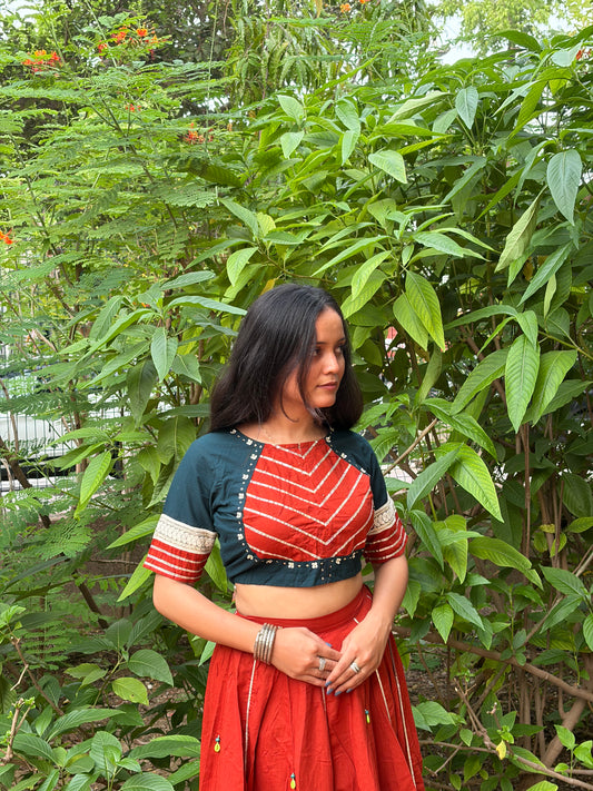 Dual-Tone Bottle Green & Rust Red Printed Cotton Lehenga Choli
