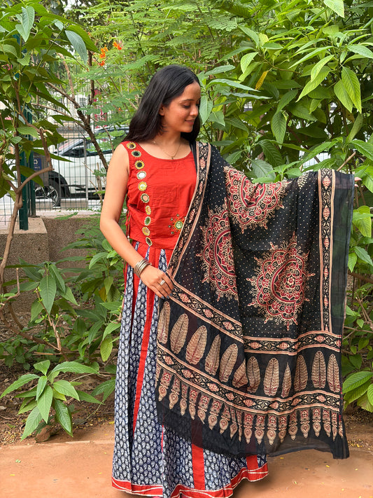 Rust & Indigo Mirror Work Chaniya Choli Set with Ajrakh Printed Dupatta