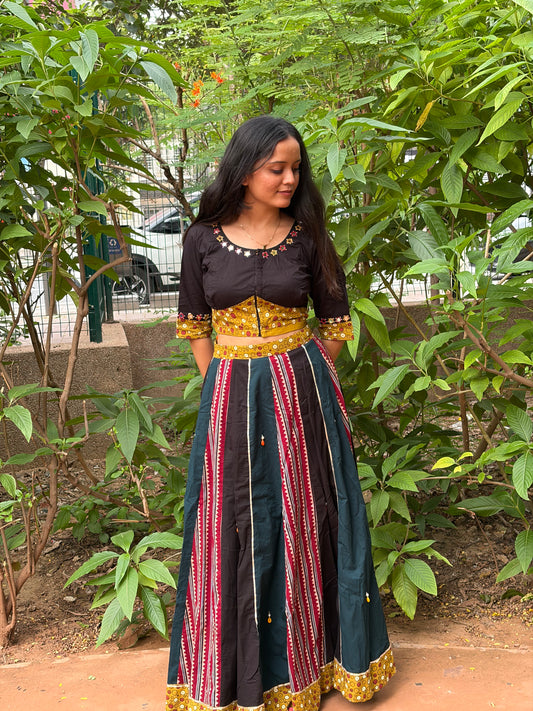 Black & Teal Multi-Panel Cotton Chaniya Choli Set with Mirror Work