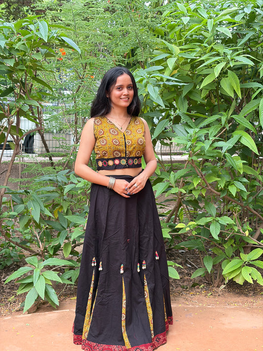 Mustard & Black Cotton Chaniya Choli Set with Mirror Work & Shell Details