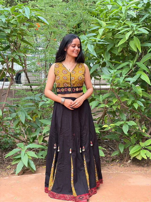Mustard & Black Cotton Chaniya Choli Set with Mirror Work & Shell Details