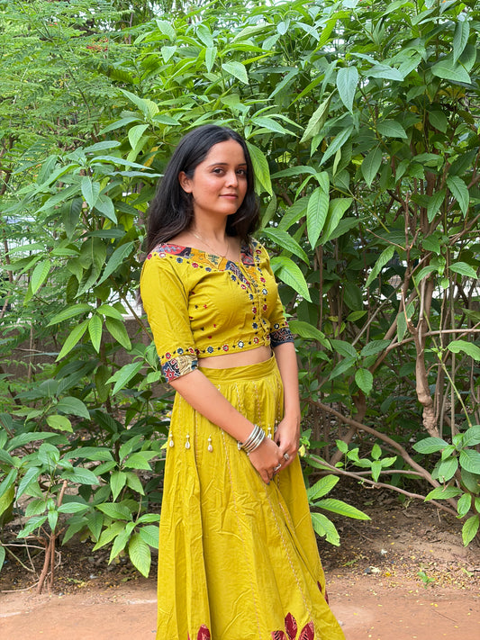 Olive Yellow Cotton Chaniya Choli Set with Mirror Work & Cowrie Shells