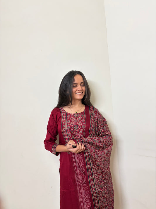 Urban Collective Three-Piece Set | Premium Breathable Cotton Co-ord |Maroon