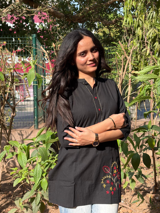 Urban Essential Short Top | Breathable Cotton Everyday Ethnic Embroidred | Black