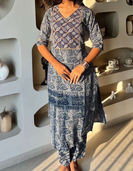 Urban Essential Two-Piece Set | Premium Cotton Block Printed | Ink Blue, Purple, Rust Red & Green