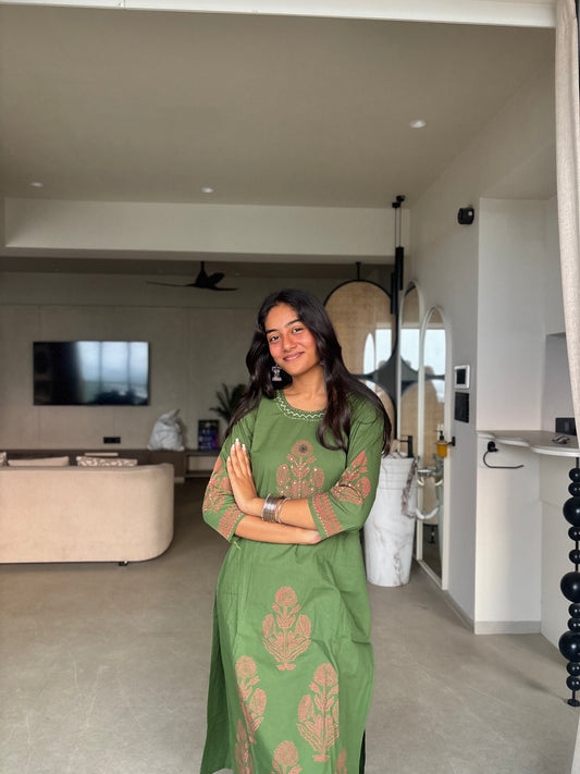 Urban Essential Two-Piece Set | Premium Cotton Floral Printed | Olive Green, Wine & Mustard Yellow
