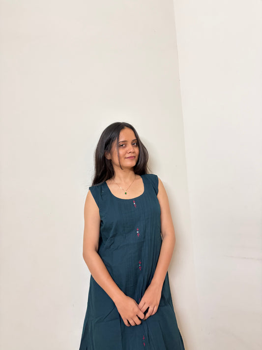 Urban Essential Two-Piece Set | Breathable Cotton Pin-Tuck Ethnic Motif | Petrol Blue